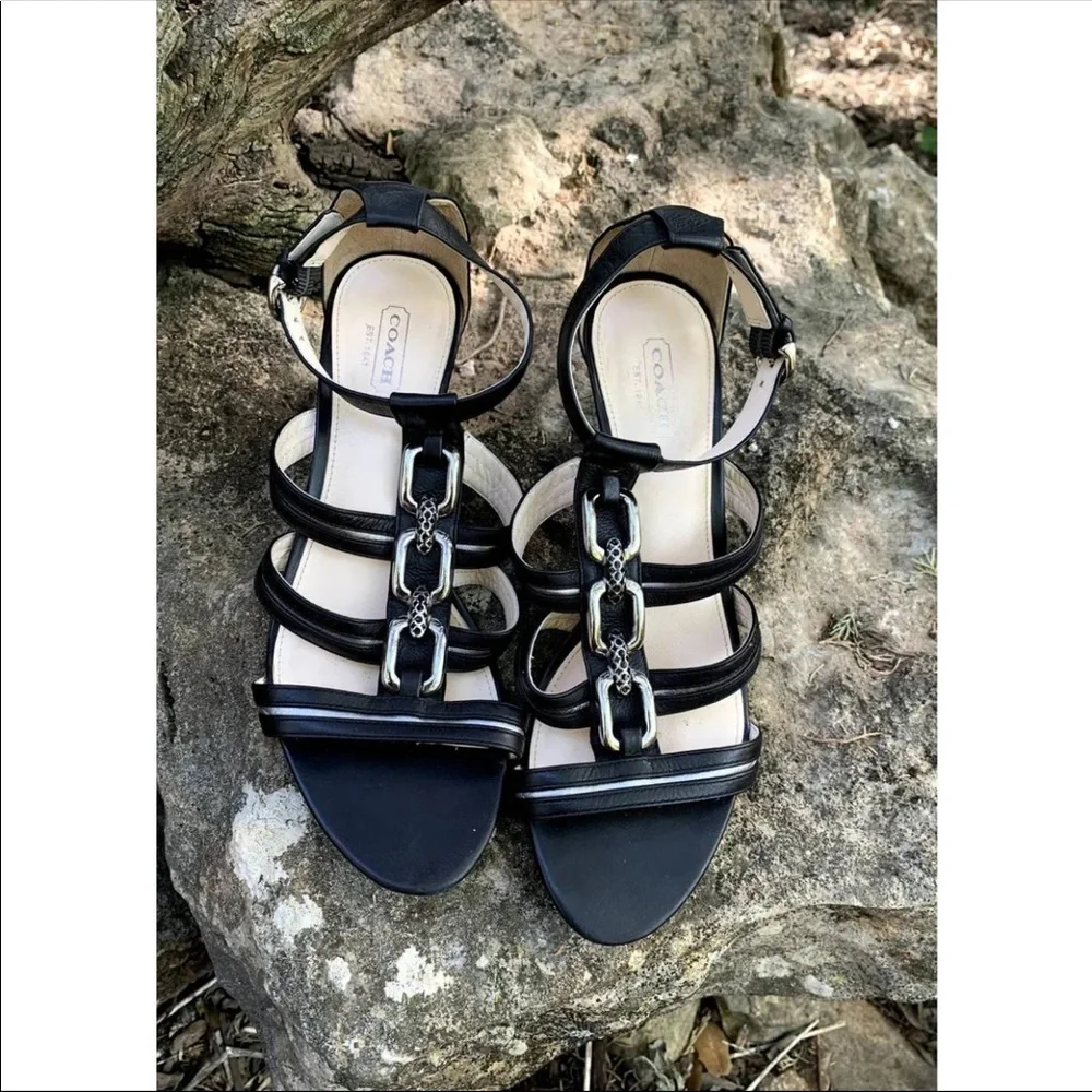 First Pic Copy Never Wore When Bought Coach Sandals Black Leather 3” heels - Picture 2 of 9